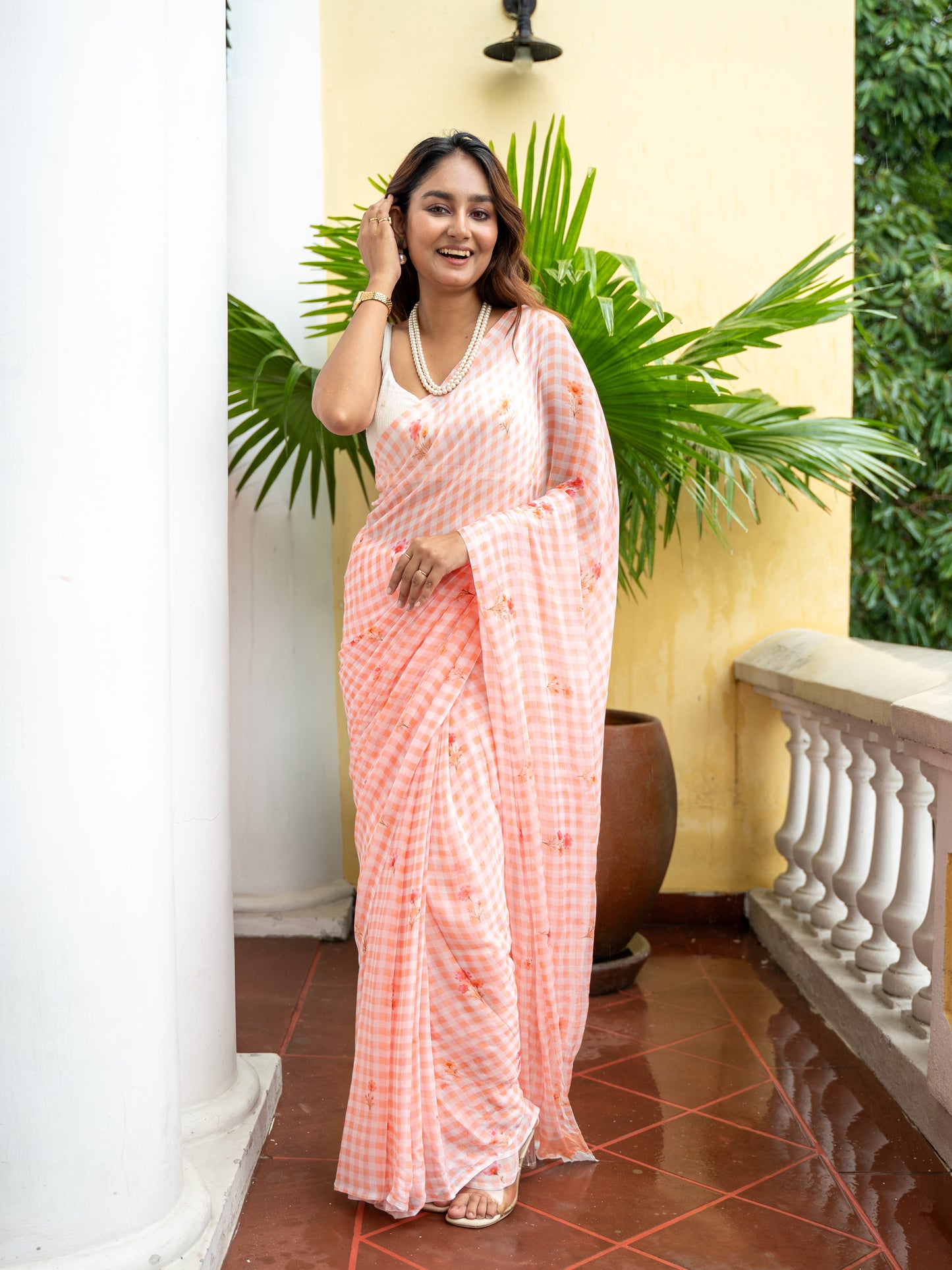 Fresh Bloom - Peach Orange Gingham Print Pure Chiffon Saree