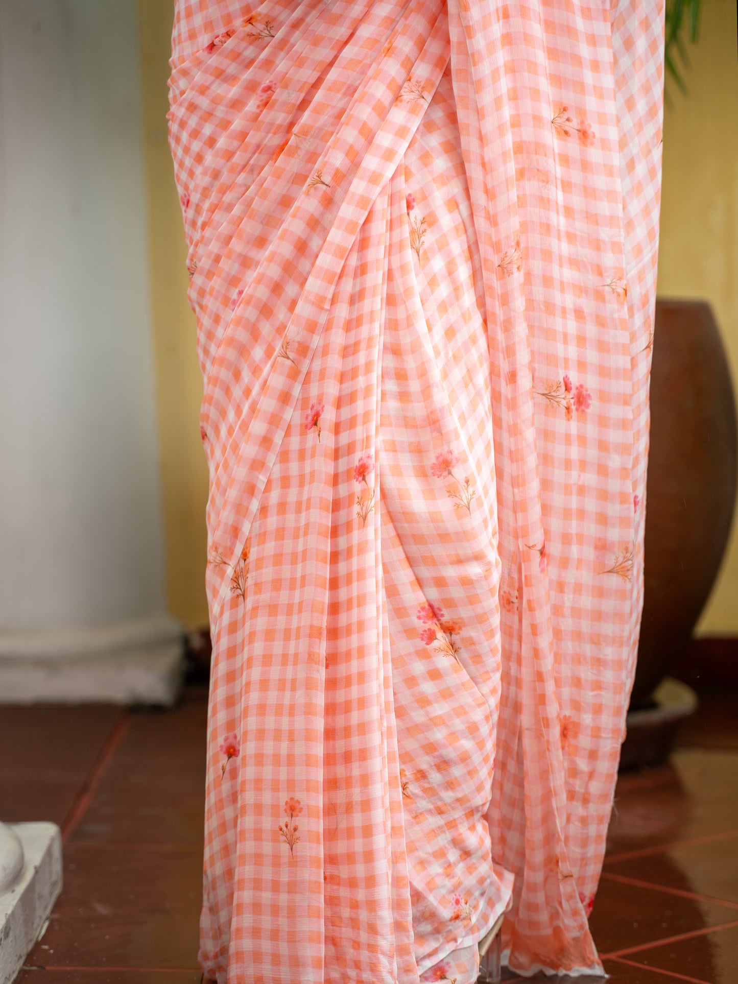 Fresh Bloom - Peach Orange Gingham Print Pure Chiffon Saree