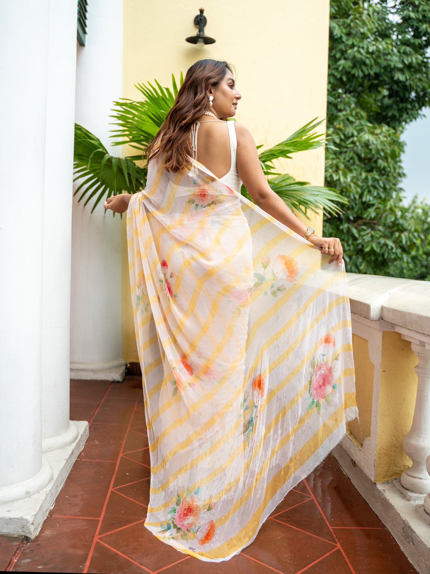 Eden - Yellow Floral Print Pure Chiffon Saree