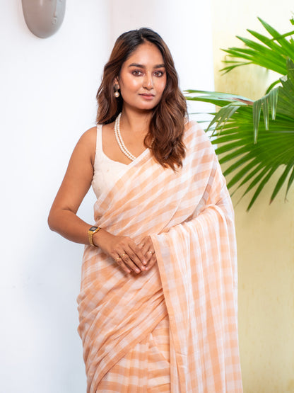 MAYIN India peach handloom mul cotton gingham saree