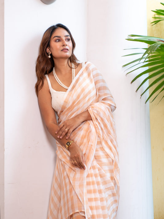 Apricity- Soft Peach Gingham Mulmul Cotton Saree