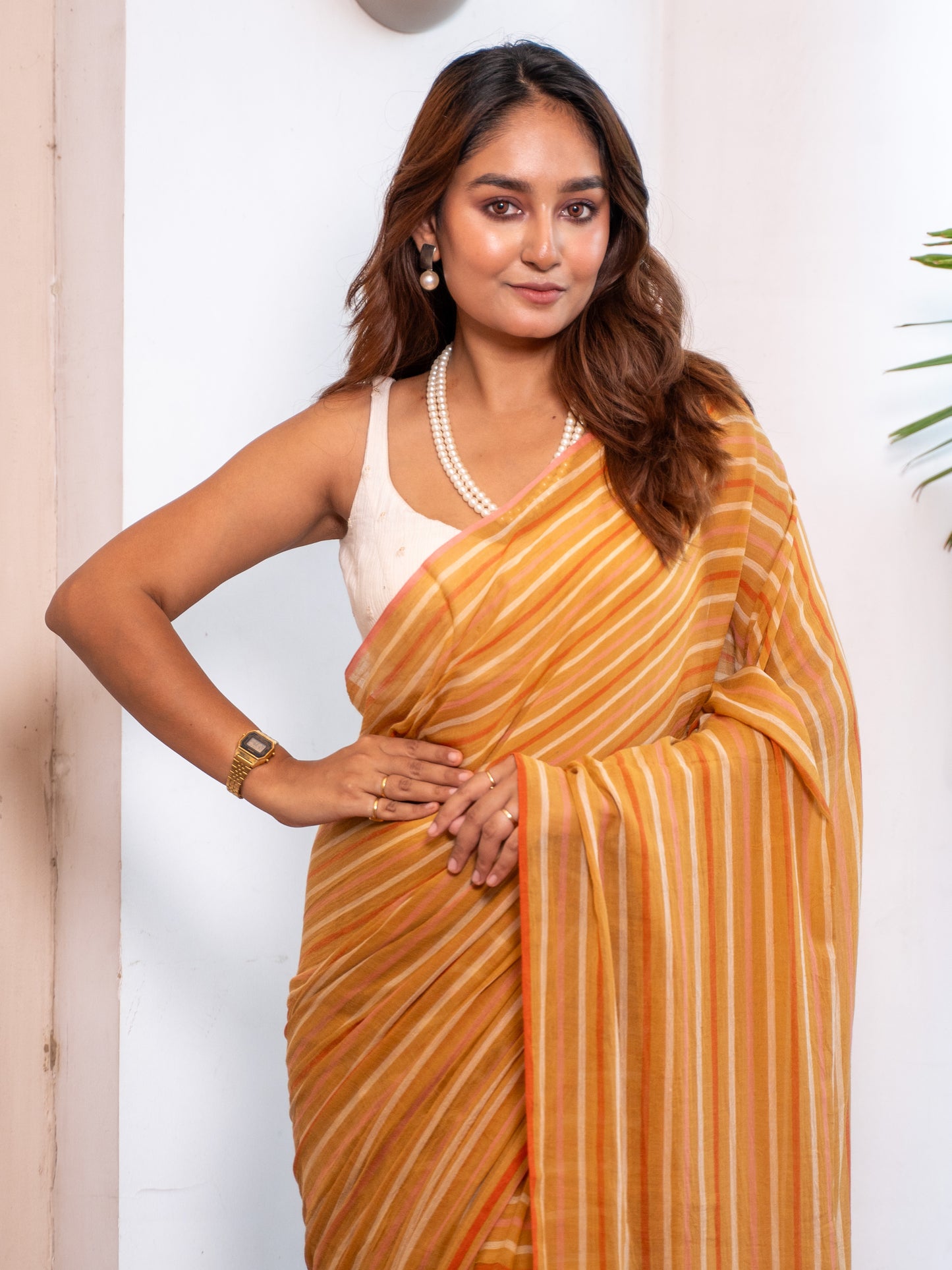 Outlook- Striped Mulmul Cotton Saree