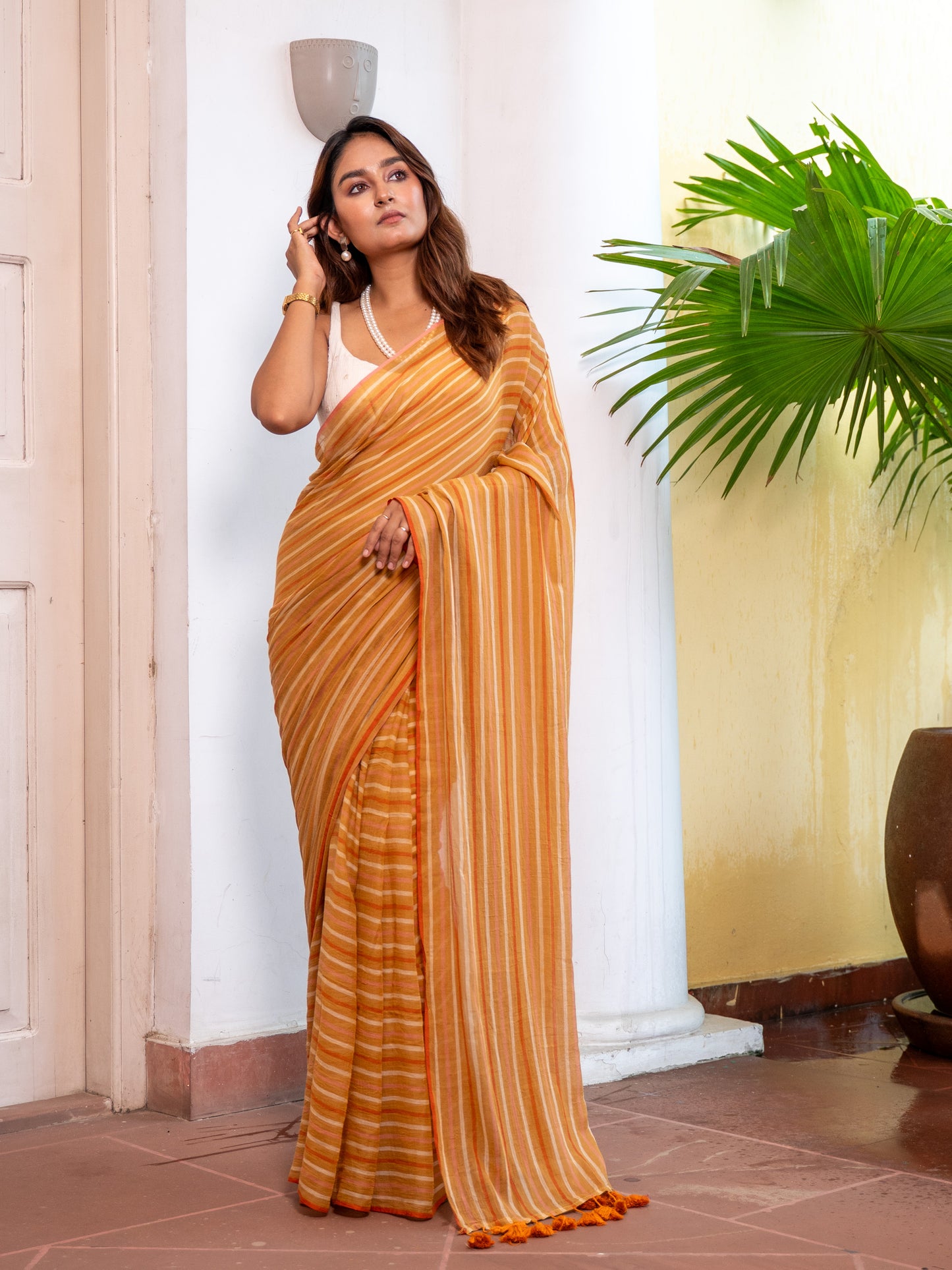 Outlook- Striped Mulmul Cotton Saree