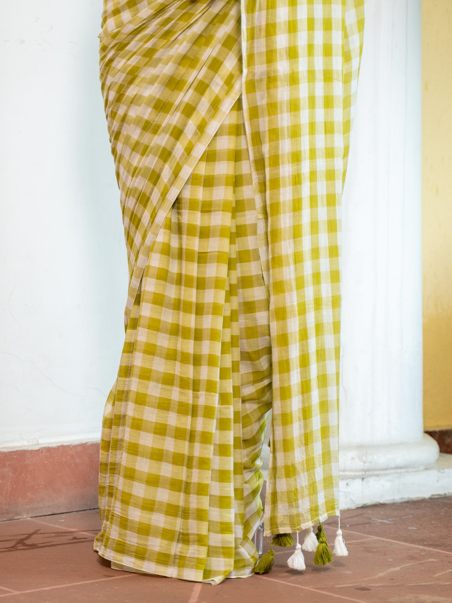 Citrine- Lime Gingham Mulmul Cotton Saree