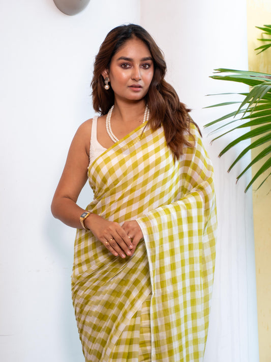 Citrine- Lime Gingham Mulmul Cotton Saree