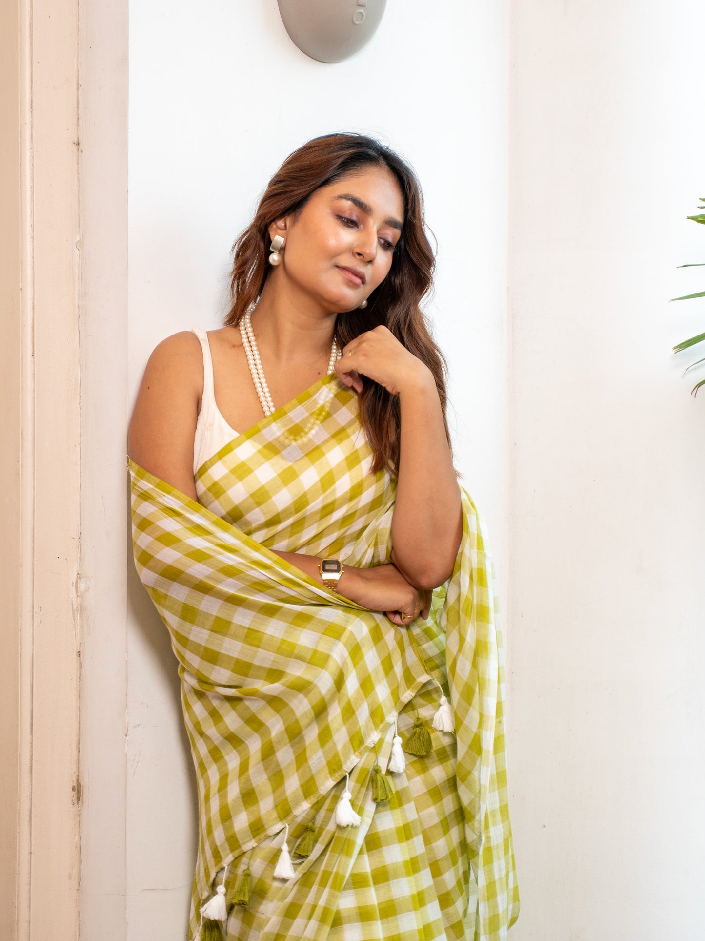 Citrine- Lime Gingham Mulmul Cotton Saree