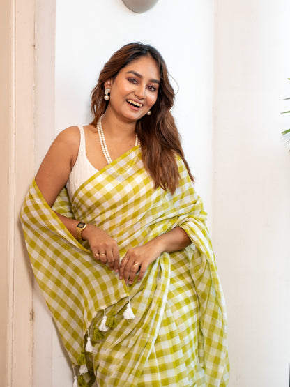 Citrine- Lime Gingham Mulmul Cotton Saree
