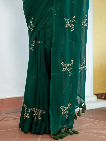 MAYIN India dark green embroidered pure mul cotton saree