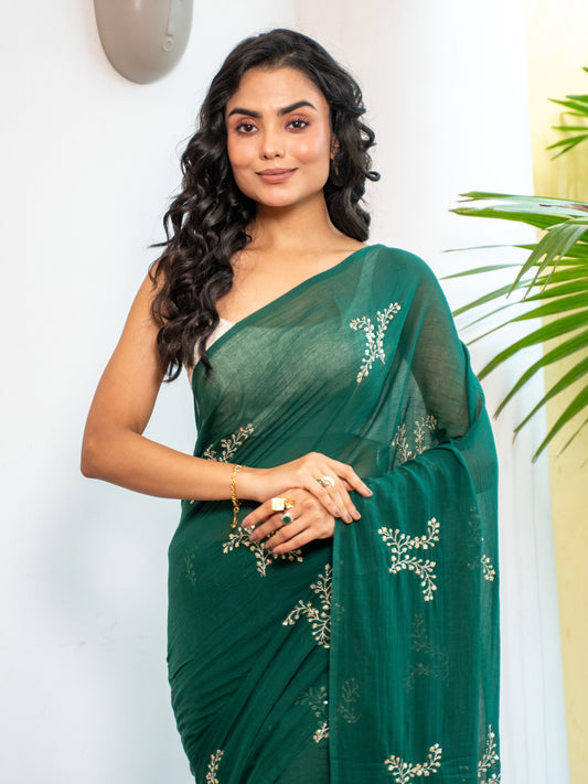 Marakata - Dark Green embroidered Mul Cotton Saree