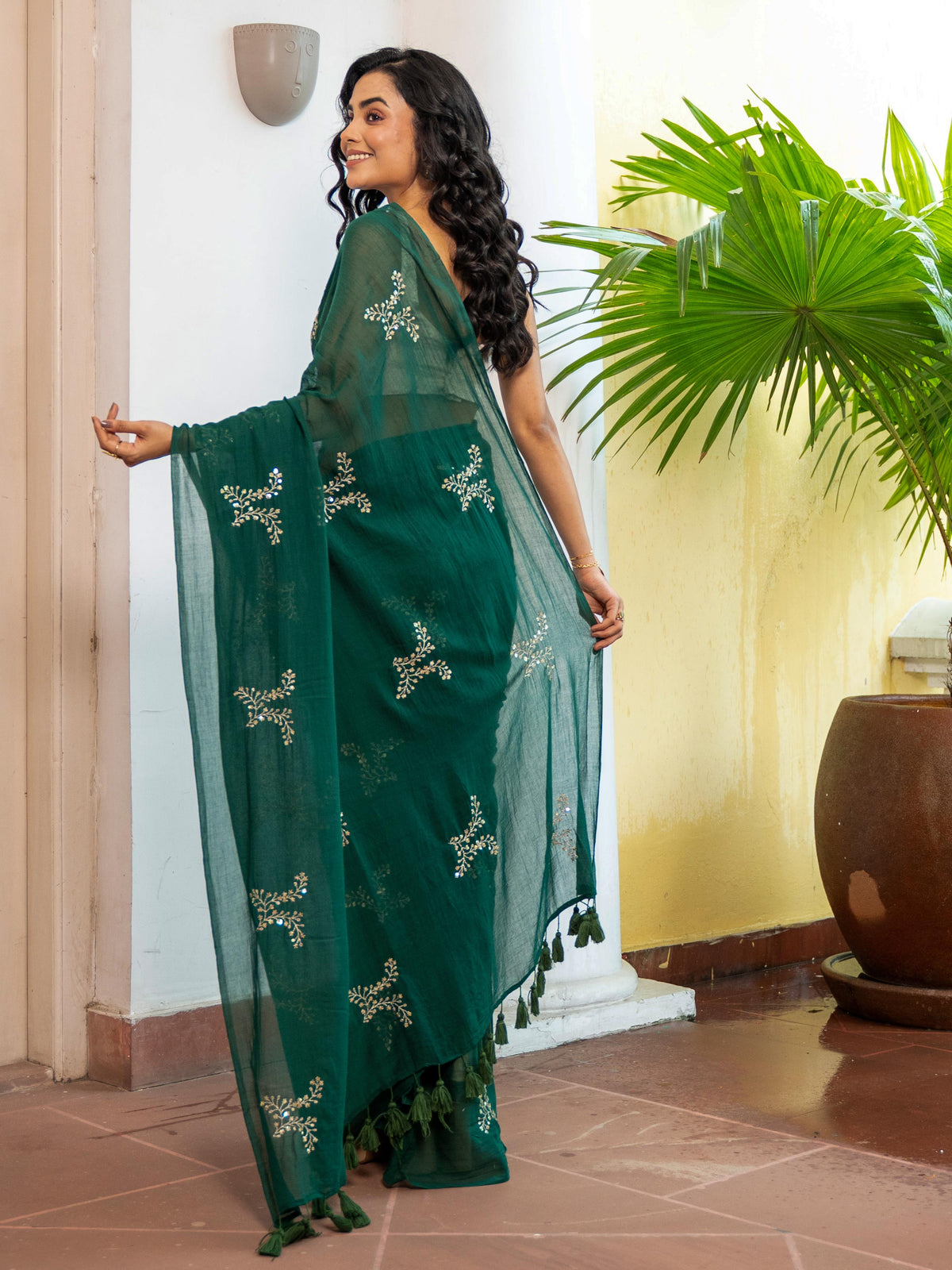 Festive embroidered mul cotton saree in green, MAYIN Marakata