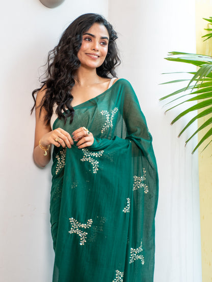 Dark green embroidered mulmul cotton saree by MAYIN India