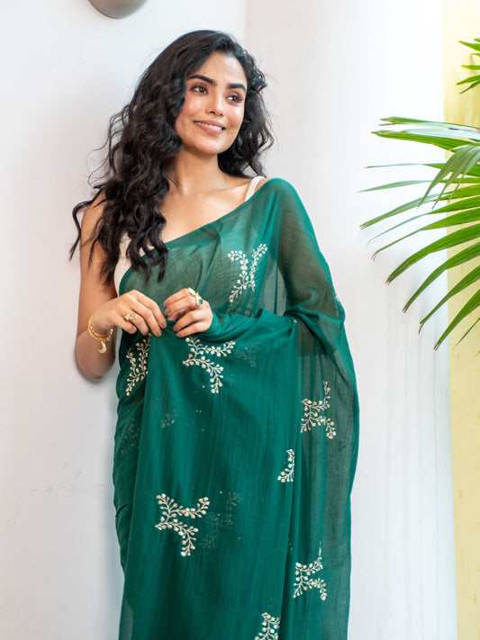 Marakata - Dark Green embroidered Mul Cotton Saree