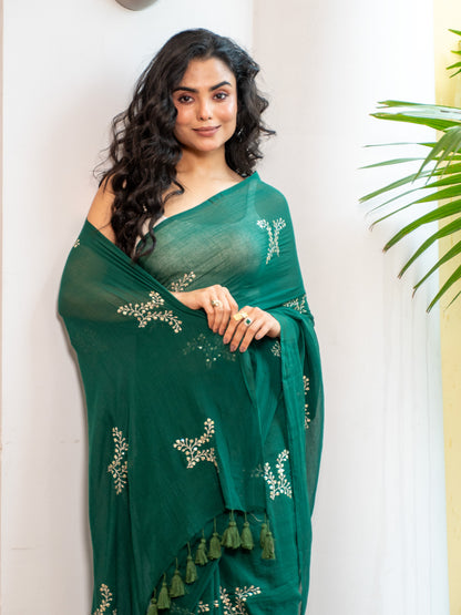 Green mul cotton saree with embroidery, MAYIN India