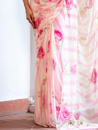 Juliet - Mauve Pink Floral Print Pure Chiffon Saree