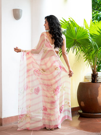 Juliet - Mauve Pink Floral Print Pure Chiffon Saree