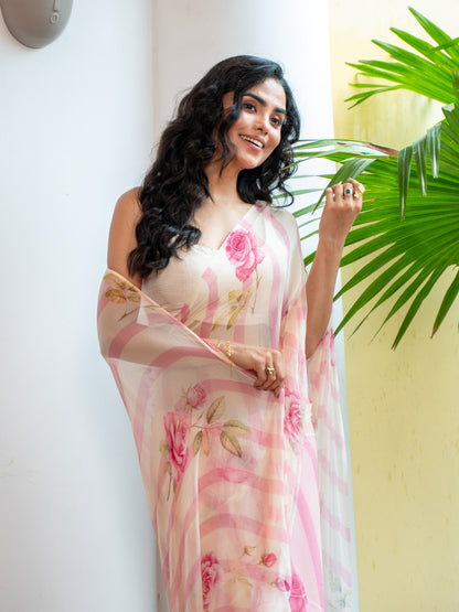 Juliet - Mauve Pink Floral Print Pure Chiffon Saree
