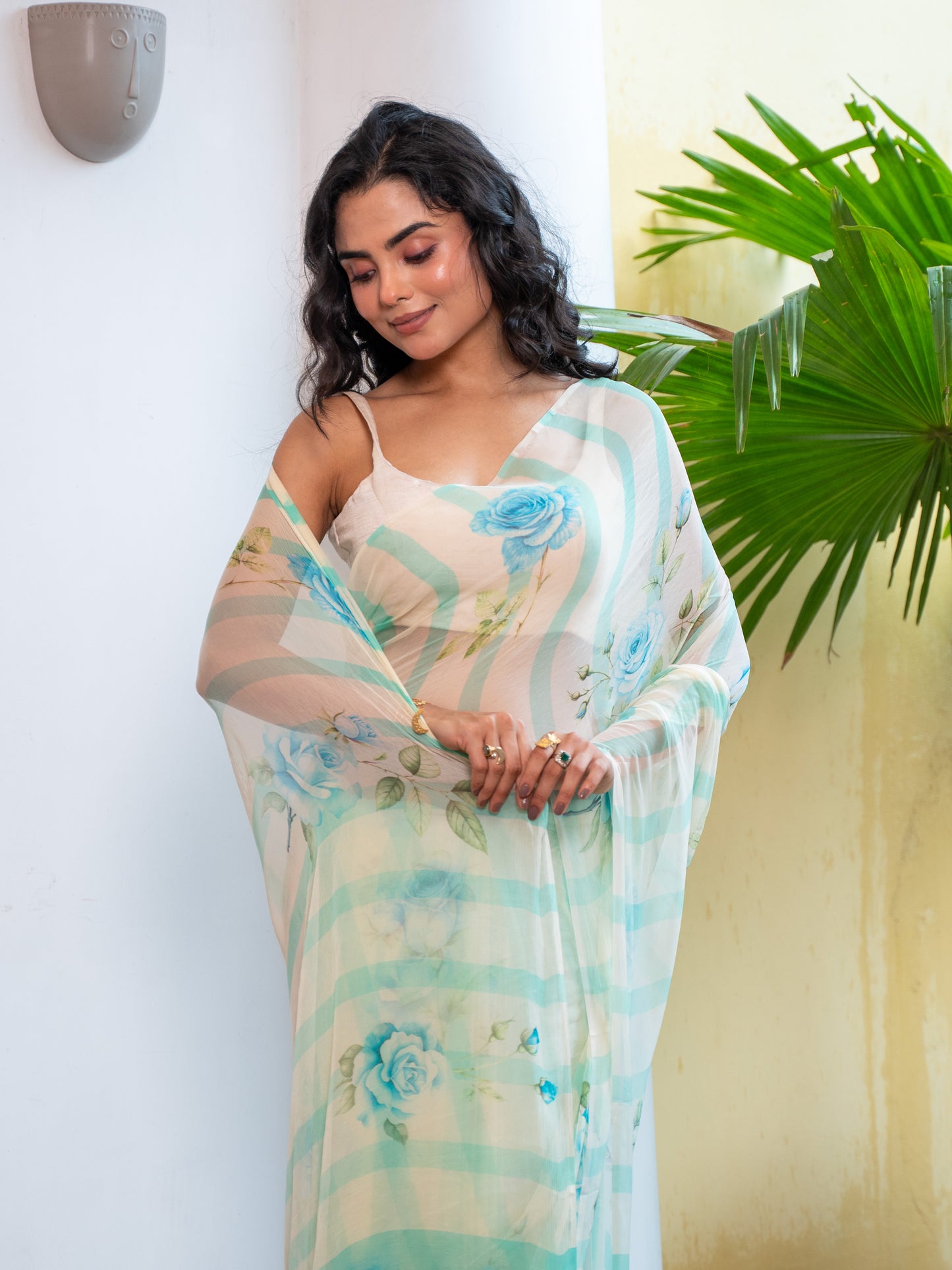 Rosalie - Teal Blue Floral Print Pure Chiffon Saree