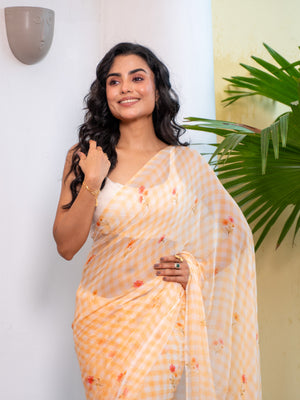 Sun Shower - Yellow Gingham Print Pure Chiffon Partywear Saree