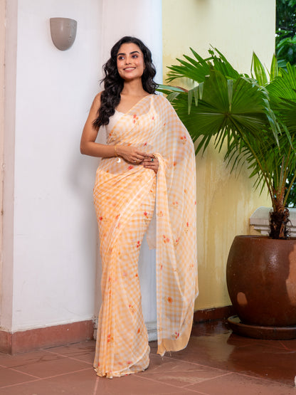 Sun Shower - Yellow Gingham Print Pure Chiffon Saree