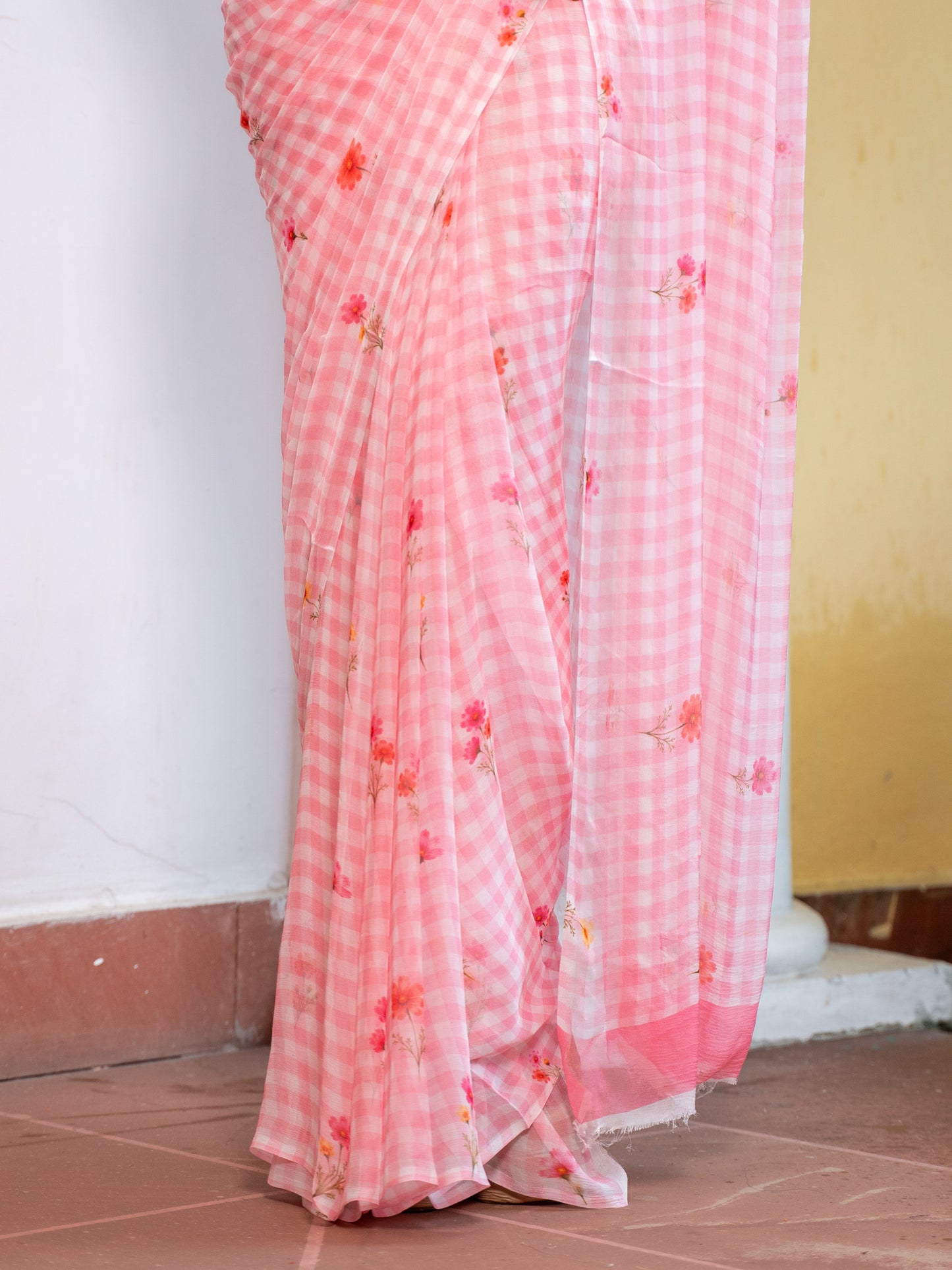 Rosy Skies - Baby Pink Gingham Print Pure Chiffon Saree