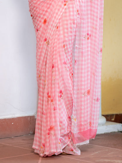 Rosy Skies - Baby Pink Gingham Print Pure Chiffon Saree