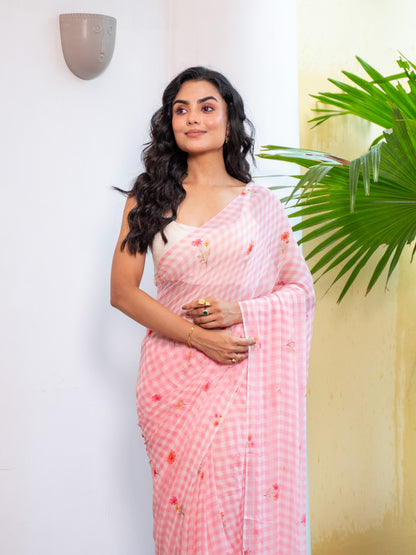 Rosy Skies - Baby Pink Gingham Print Pure Chiffon Saree