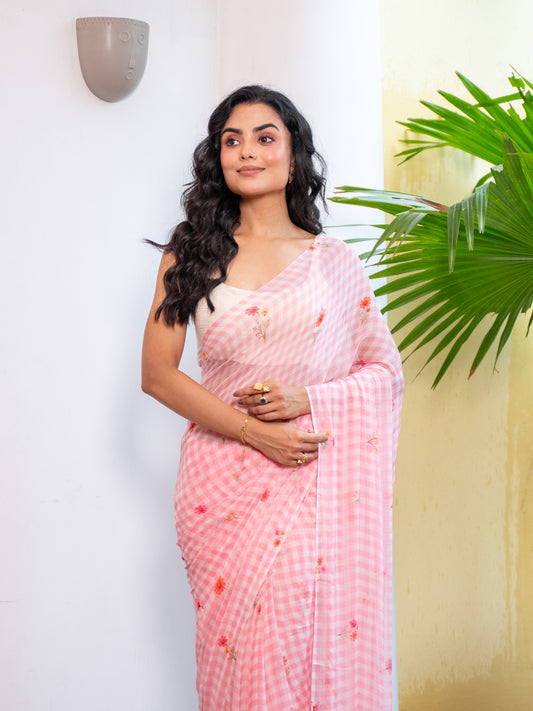 Rosy Skies - Baby Pink Gingham Print Pure Chiffon Saree