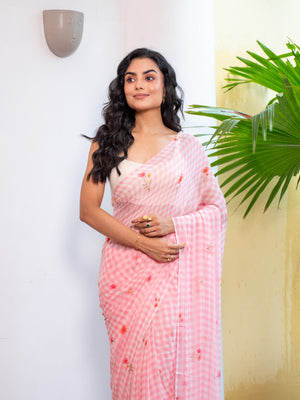 Rosy Skies - Baby Pink Gingham Print Pure Chiffon Saree