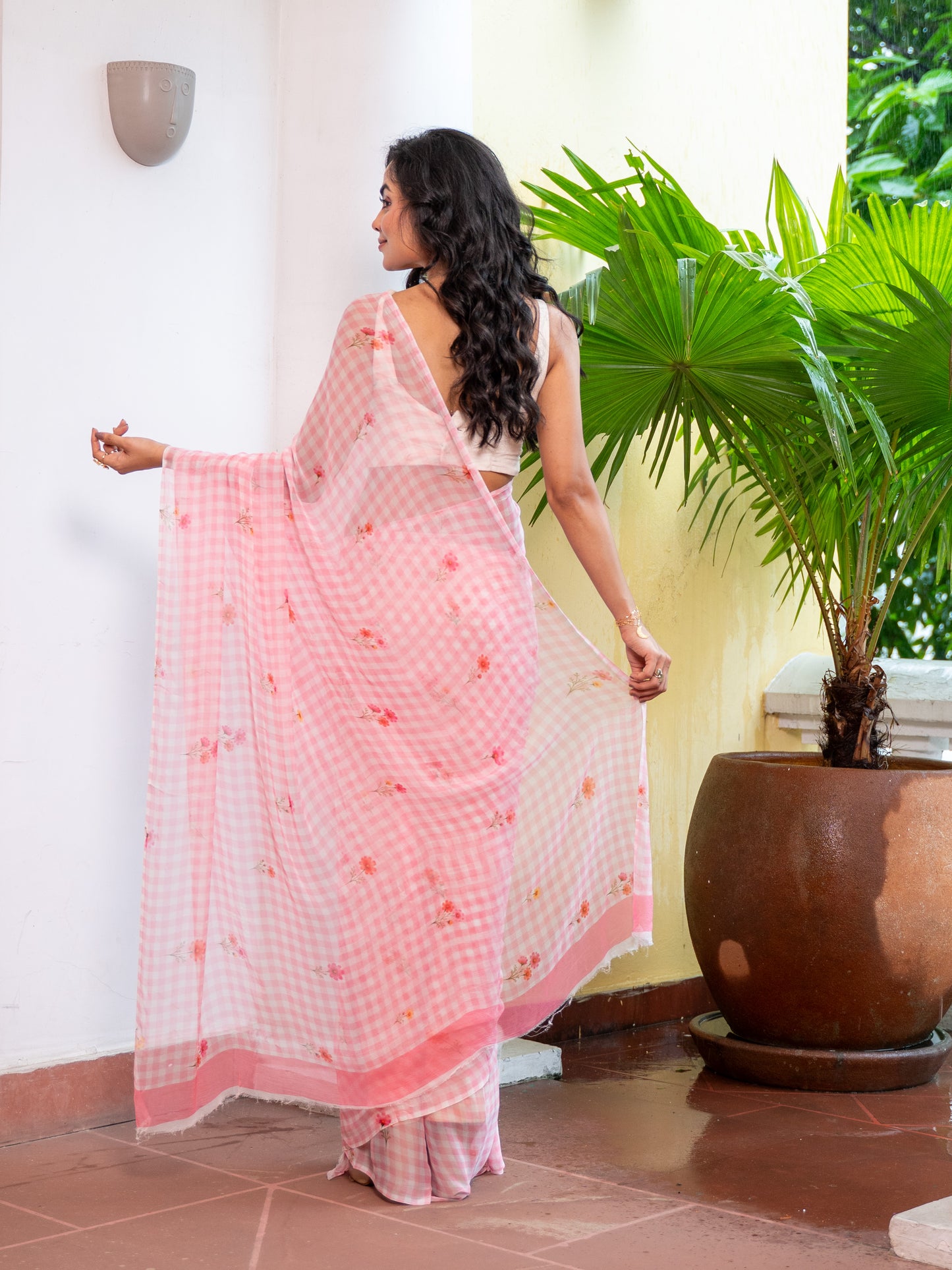 Rosy Skies - Baby Pink Gingham Print Pure Chiffon Saree