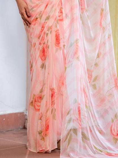Camilie - Peach Floral Print Pure Chiffon Saree