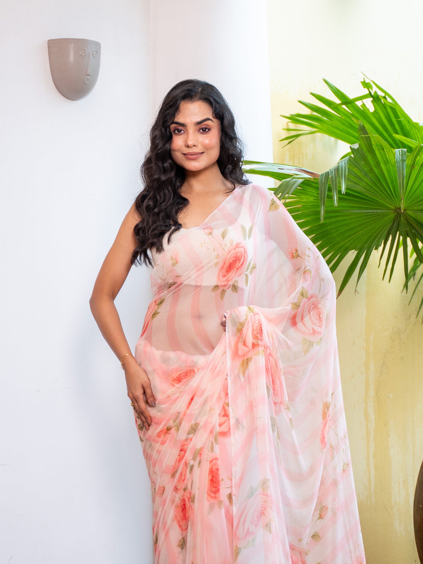 Camilie - Peach Floral Print Pure Chiffon Saree