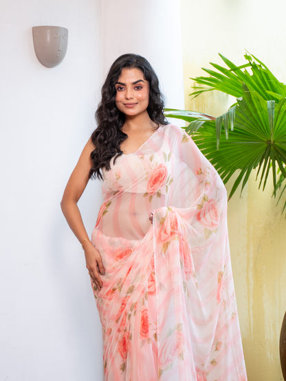 Camilie - Peach Floral Print Pure Chiffon Saree