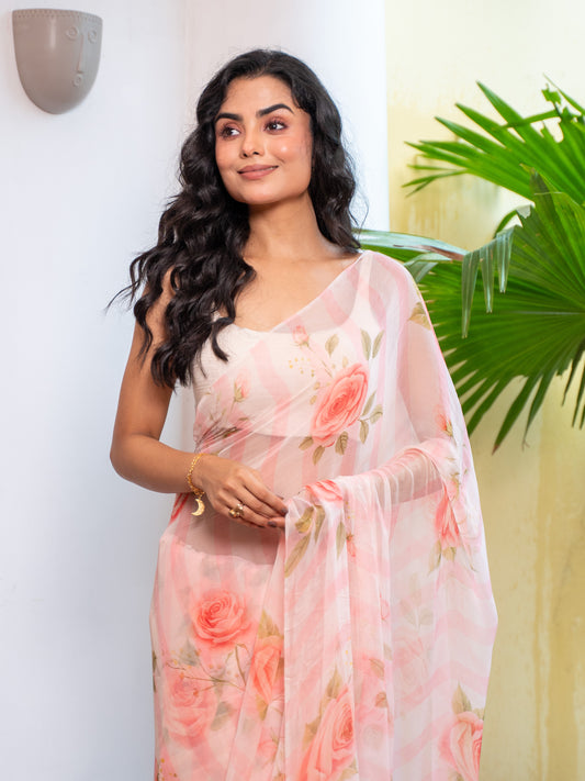 Camilie - Peach Floral Print Pure Chiffon Saree