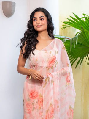 Camilie - Peach Floral Print Pure Chiffon Saree
