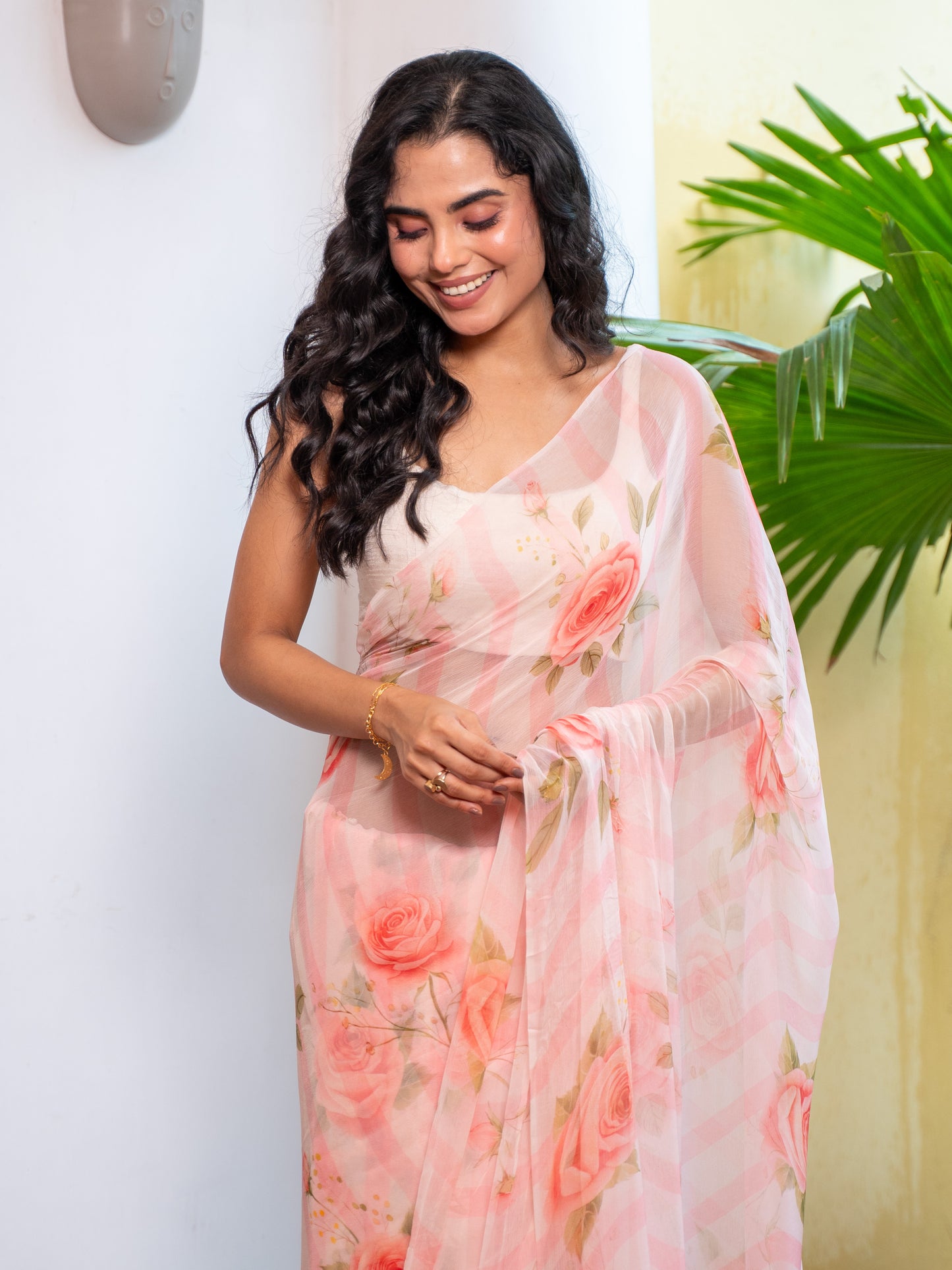 Camilie - Peach Floral Print Pure Chiffon Saree