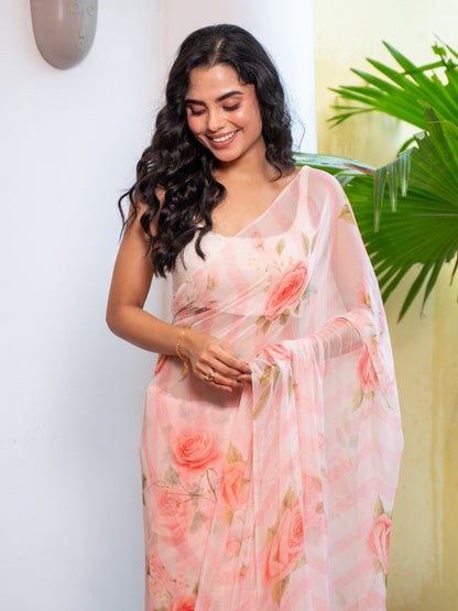 Camilie - Peach Floral Print Pure Chiffon Saree