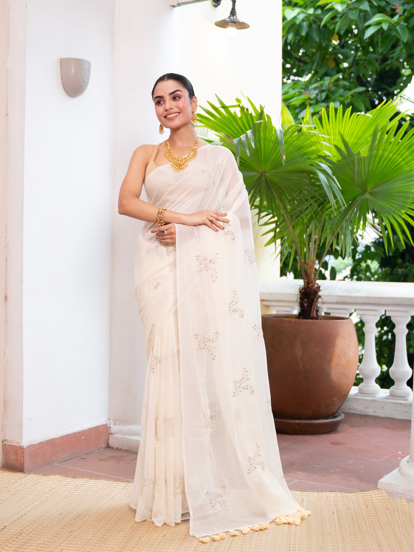 Svara - Golden Mul Cotton Saree