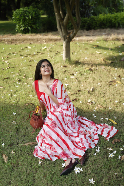 Amélie- Red Floral Pure Chiffon Saree