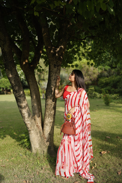 Amélie- Red Floral Pure Chiffon Saree