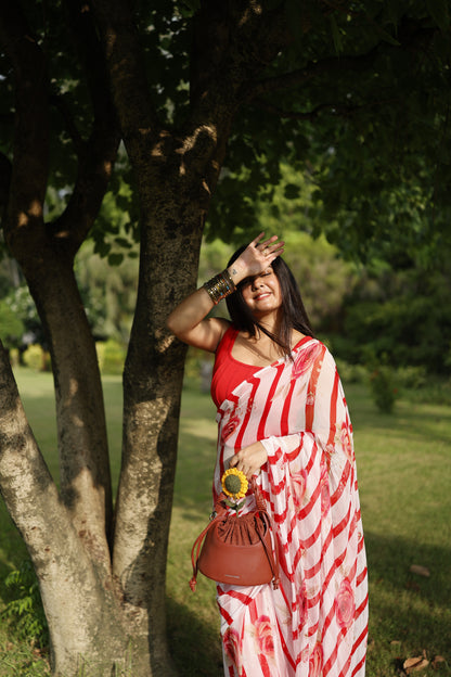 Amélie- Red Floral Pure Chiffon Saree