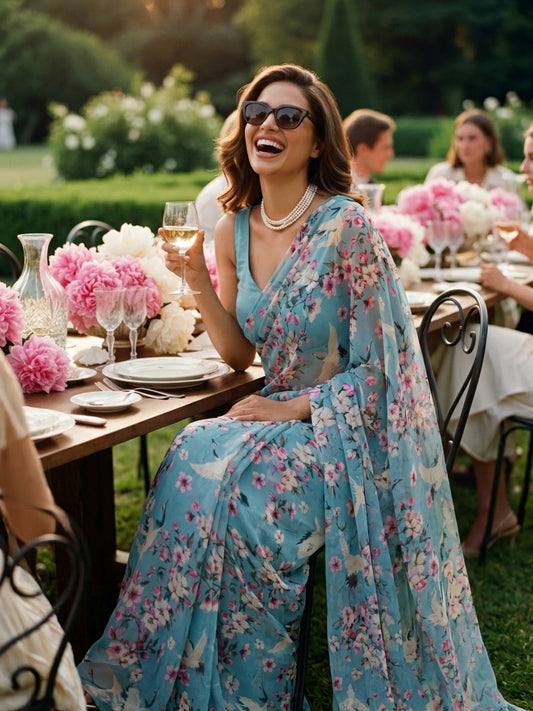 Sakura - Blue Floral Print Pure Chiffon Partywear Saree