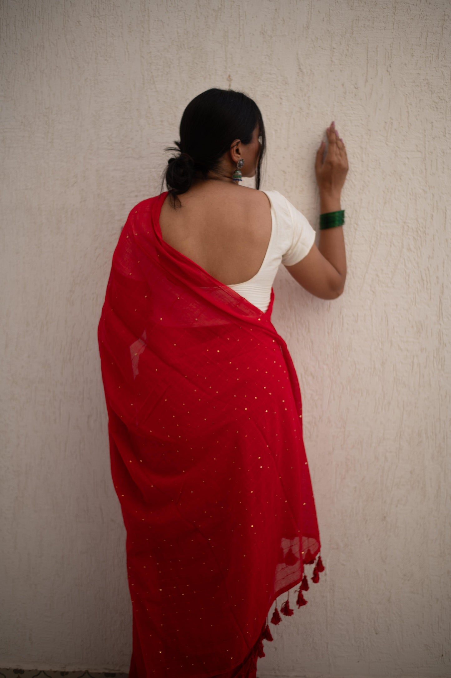 Scarlet Sequin Mul Saree - Mayin India 
