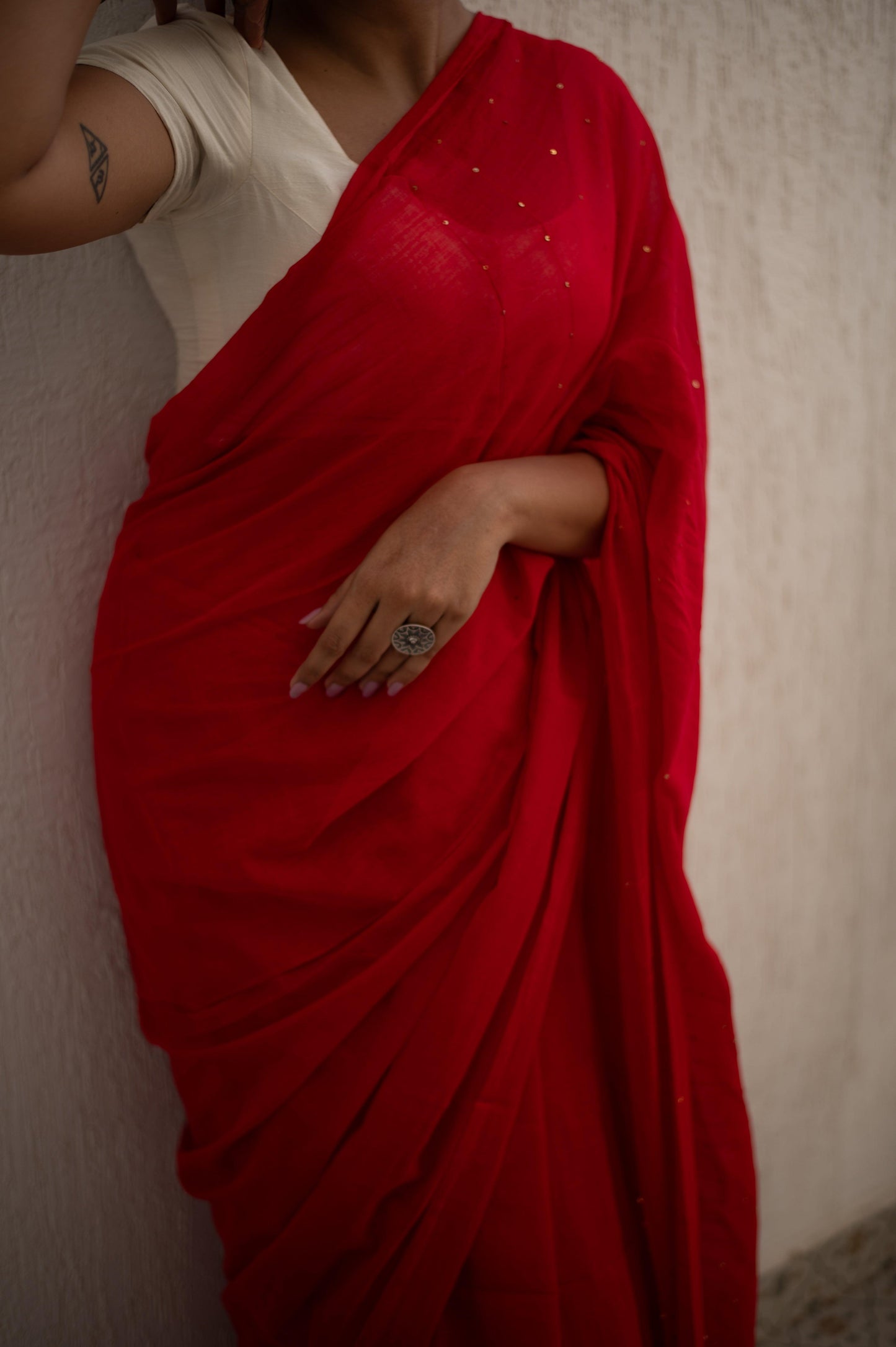 Scarlet Sequin Mul Saree - Mayin India 