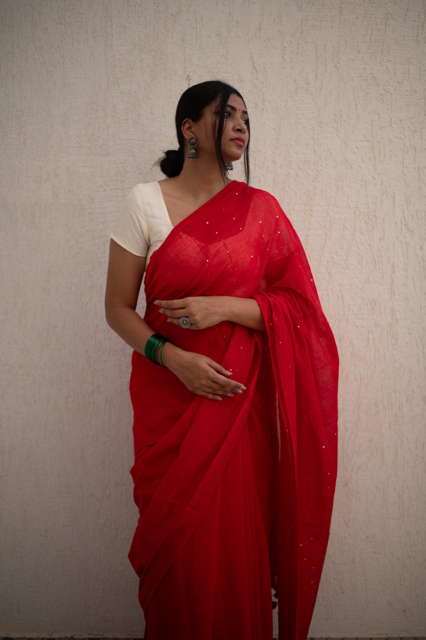 Scarlet Sequin Mul Saree - Mayin India 