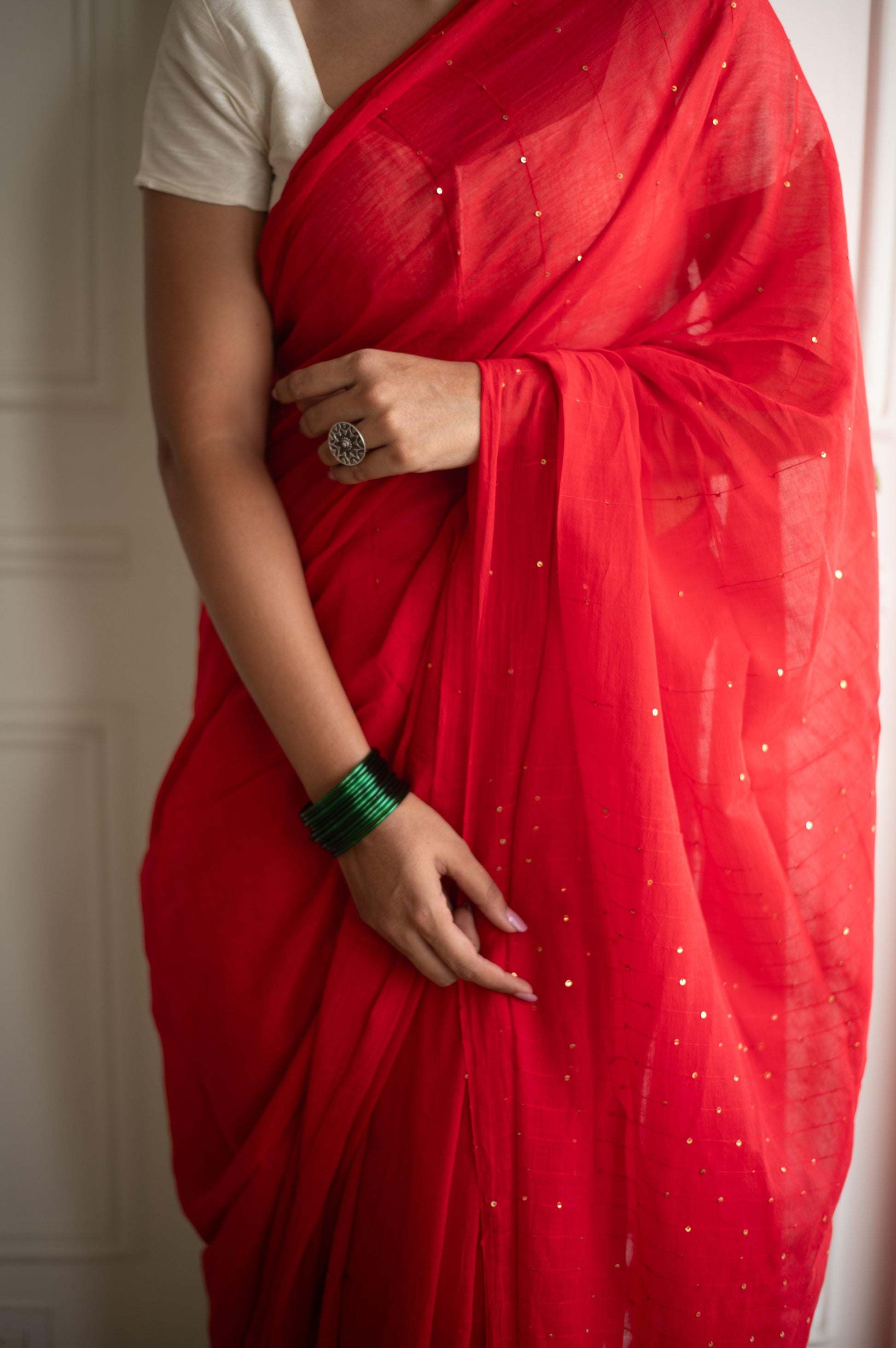 Scarlet Sequin Mul Saree - Mayin India 
