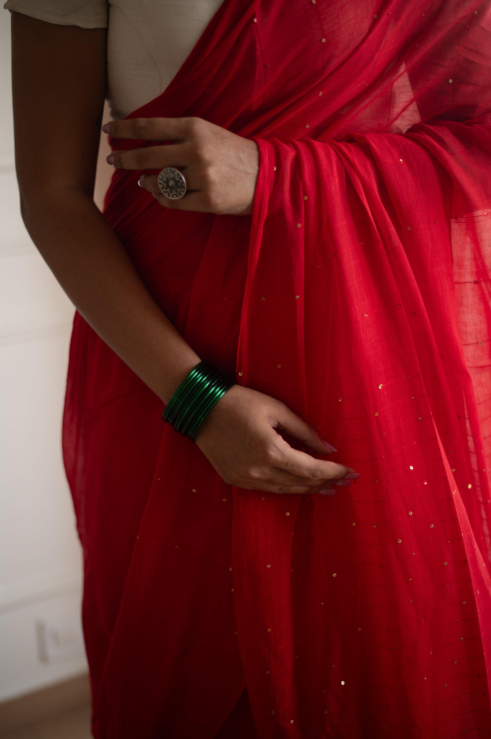 Scarlet Sequin Mul Saree - Mayin India 
