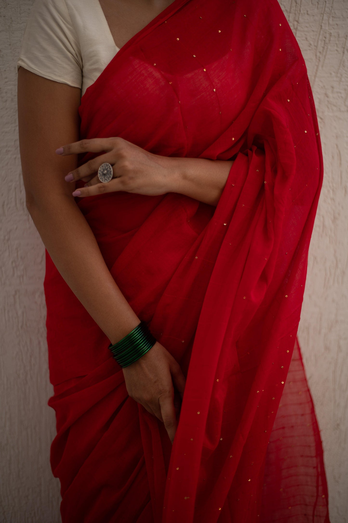 Scarlet Sequin Mul Saree - Mayin India 