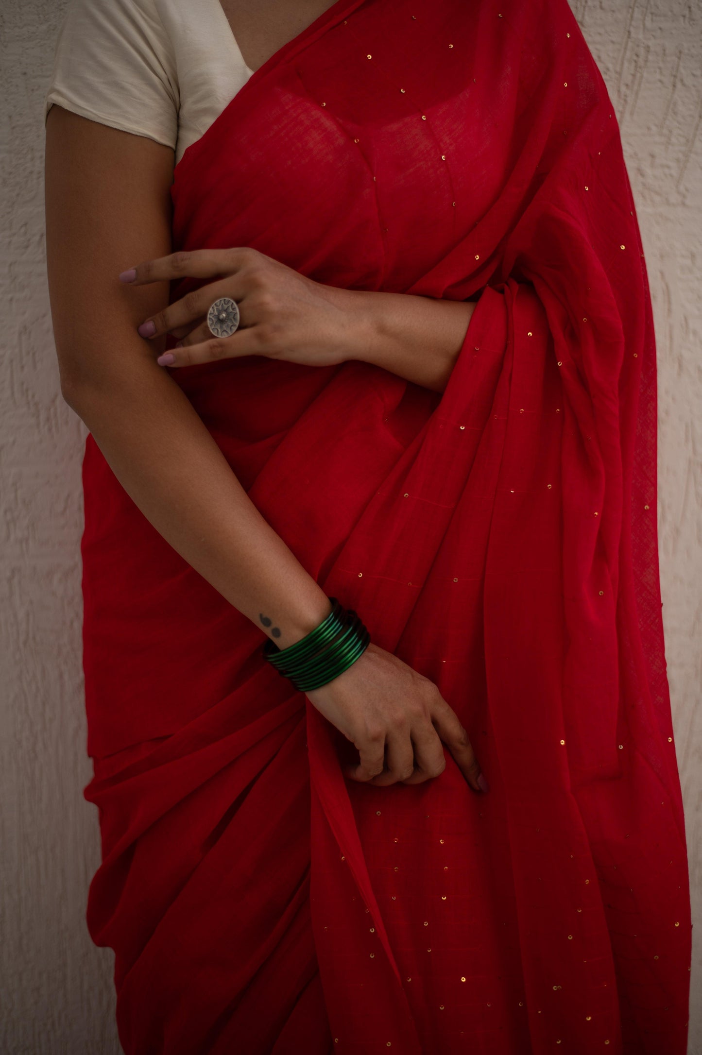 Scarlet Sequin Mul Saree - Mayin India 