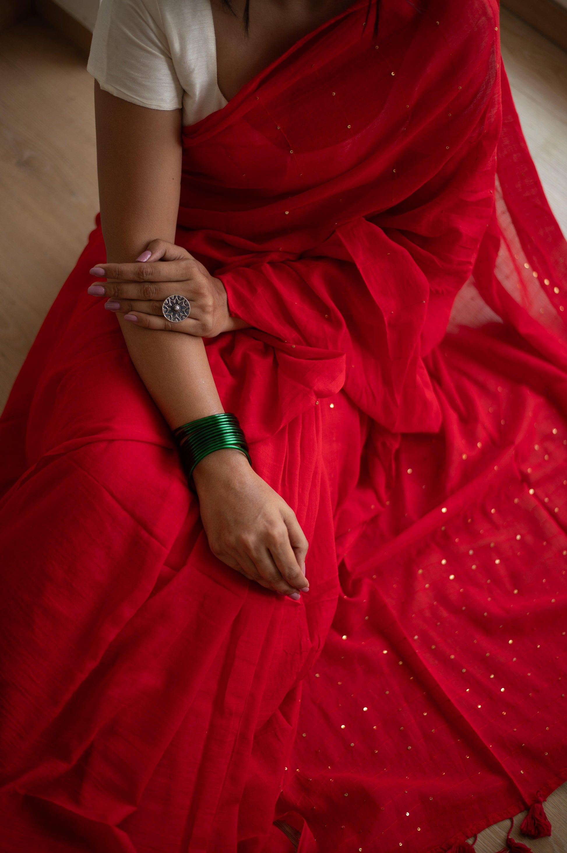 Scarlet Sequin Mul Saree - Mayin India 