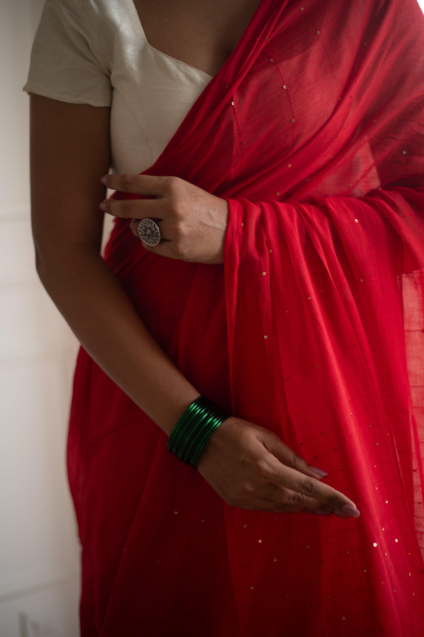 Scarlet Sequin Mul Saree - Mayin India 